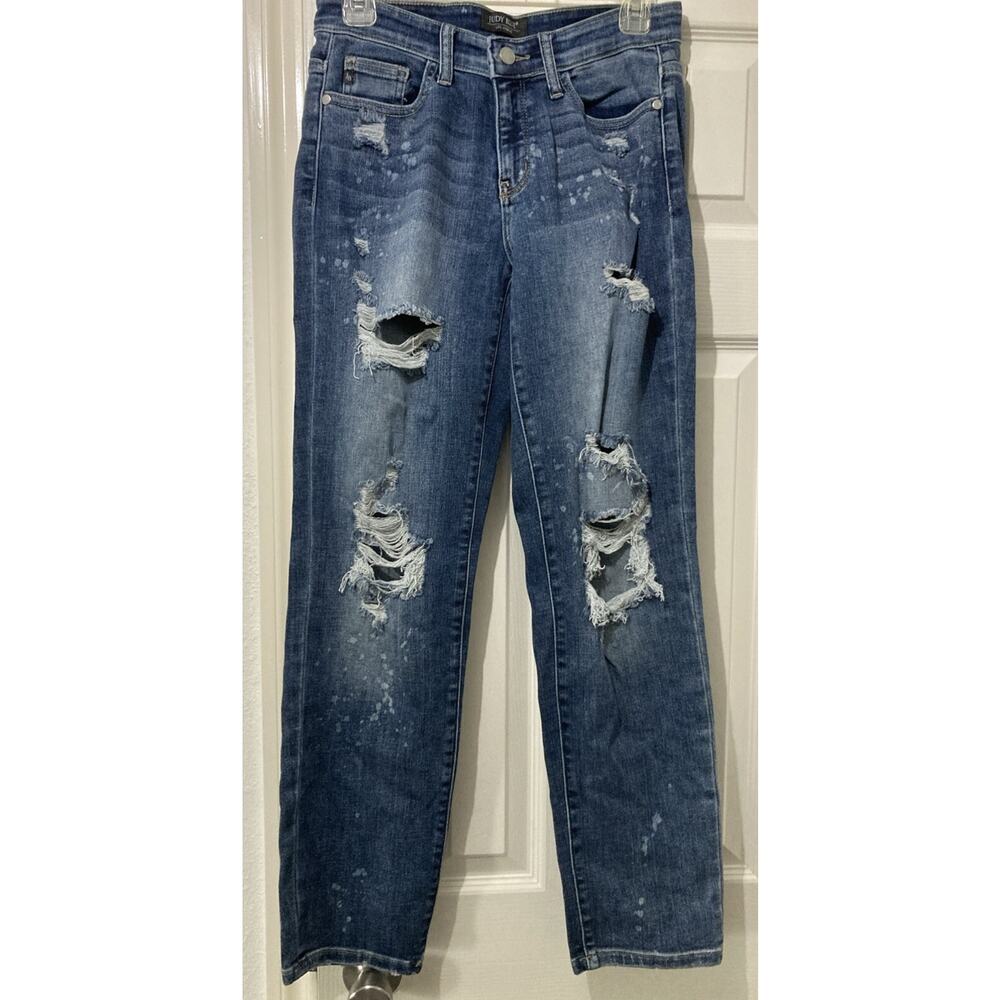 Judy Blue Jeans Women 3/26 Boyfriend Fit Blue Mid Rise Medium Wash Distressed